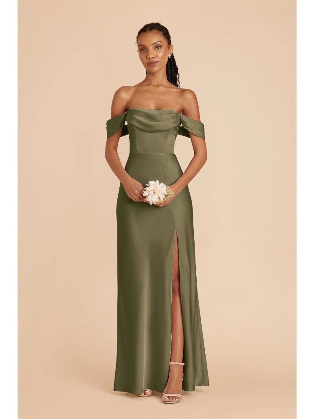 Birdy Grey Size XS Mia Long Dress Matte Satin Thyme Green Off the Shoulder